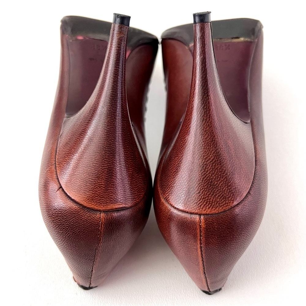 PRADA | Vintage Brown Red Leather Floral Stitch Appliqué Pointed‎ Pumps EU 38.5 - Picture 10 of 11